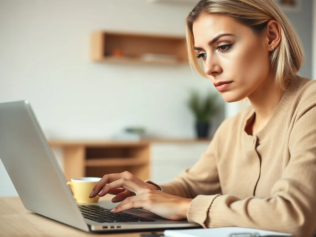 Kobieta pracująca na laptopie w jasnym biurze, skupiona na edycji dokumentów w programie Word.