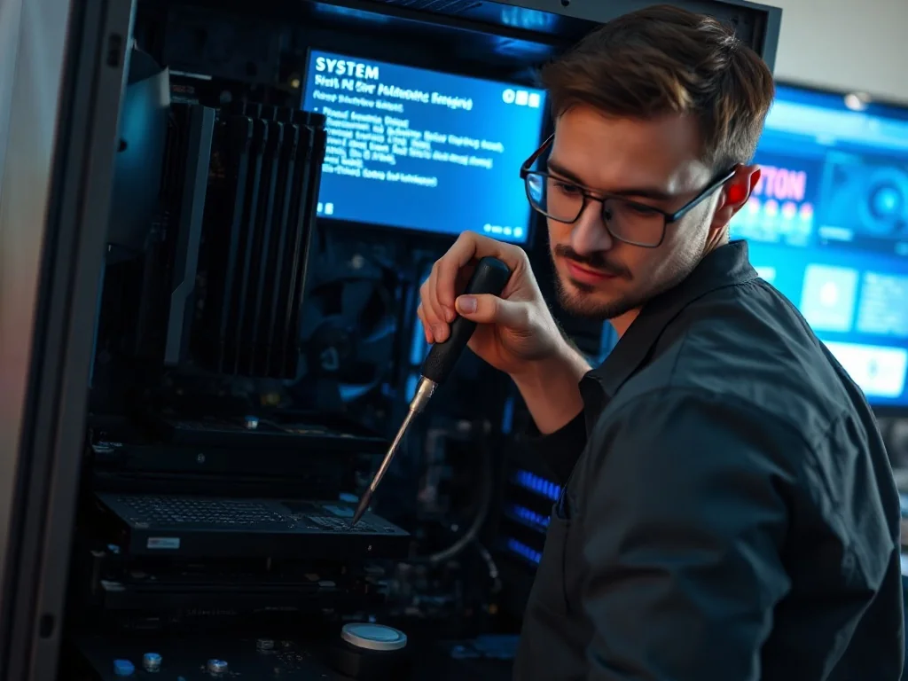 Technik naprawiający podzespoły komputera w celu usunięcia błędu systemowego wyświetlanego na monitorze w tle.