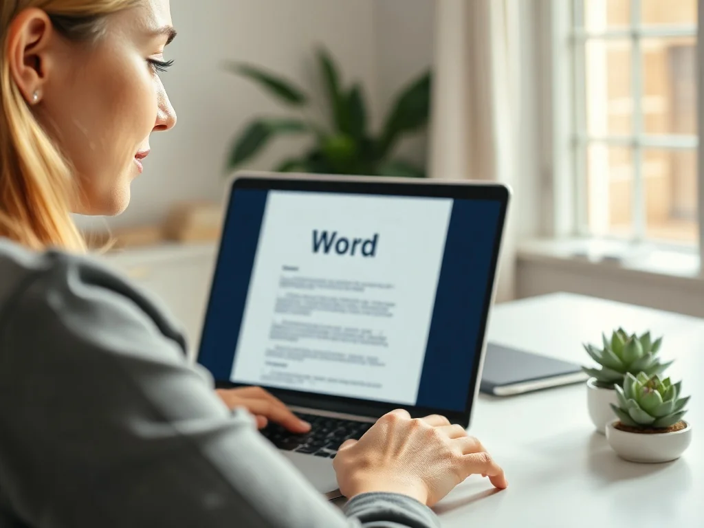 Kobieta pracująca przy laptopie, na którego ekranie widoczny jest tekst z zastosowanym efektem przekreślenia.