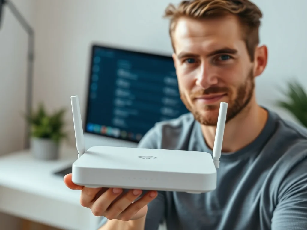 Mężczyzna trzymający nowoczesny router Wi-Fi w minimalistycznym biurze, co ilustruje konfigurację sieci domowej.
