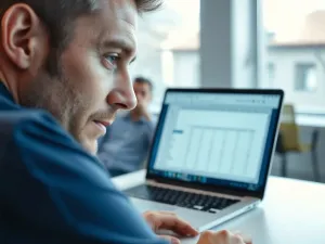 Mężczyzna skupiony na pracy przy laptopie z widoczną klawiaturą mechaniczną w nowoczesnym biurze.