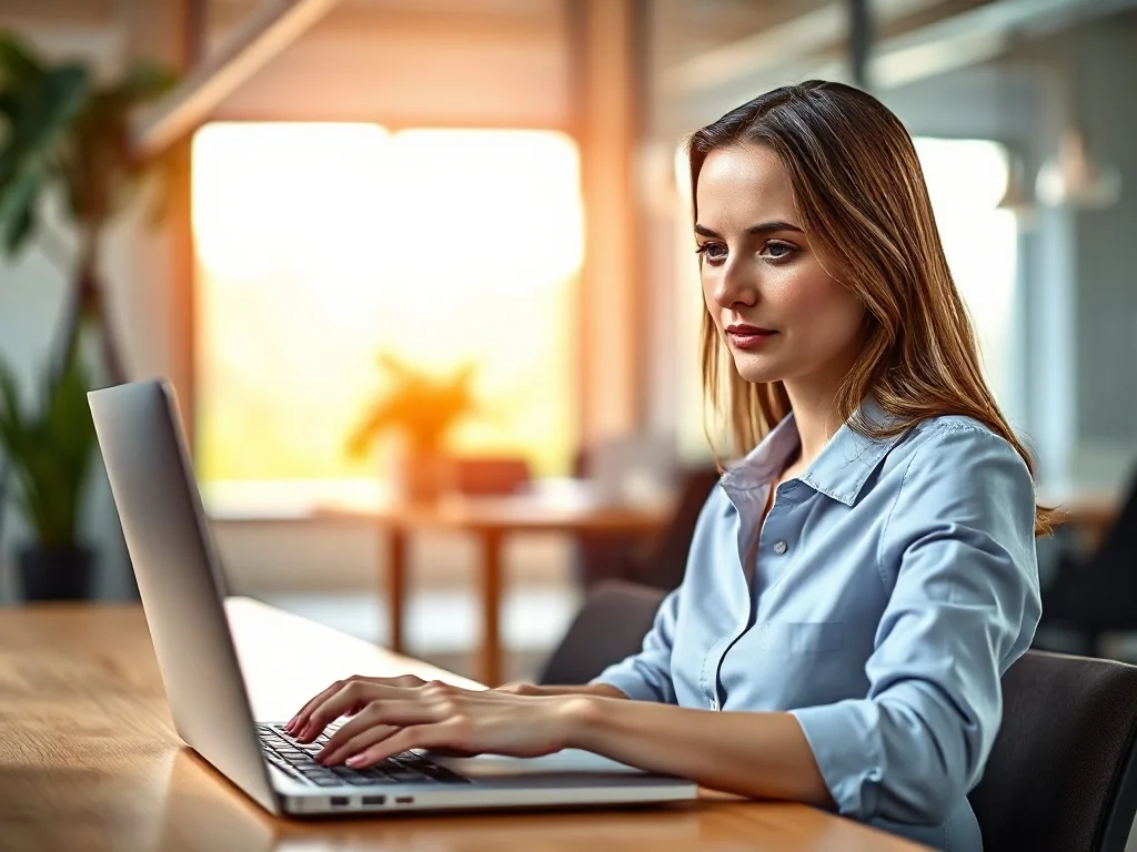 Kobieta z ulgą patrzy na ekran laptopa z otwartą pocztą e-mail w nowoczesnym biurze.