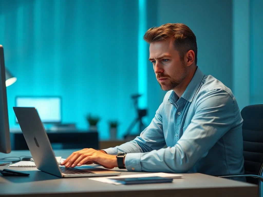 Zaniepokojony mężczyzna patrzący na ekran laptopa w nowoczesnym biurze domowym.