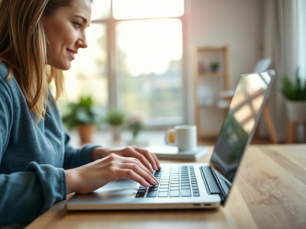 Kobieta pracująca na laptopie w jasnym domowym biurze, skupiona na pisaniu tekstu.