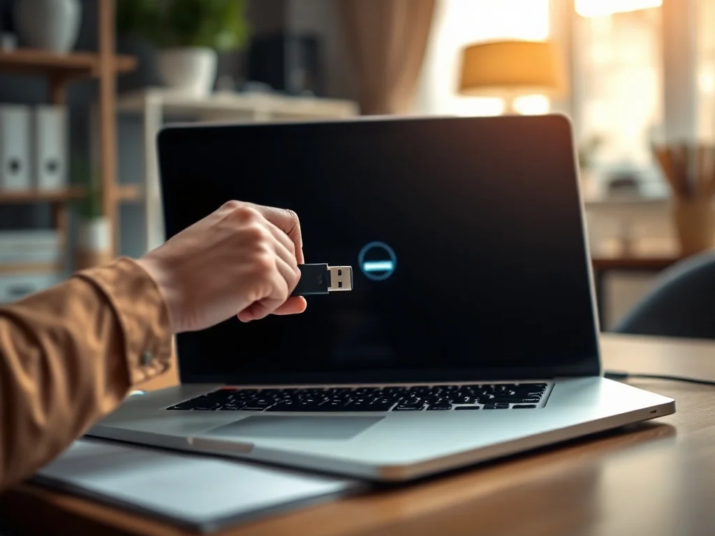 Mężczyzna wkłada pendrive do laptopa, na którego ekranie widać postęp instalacji systemu Windows.
