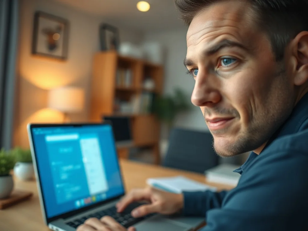 Mężczyzna skupiony na pracy przy laptopie z nowoczesnym interfejsem, symbolizujący proces aktualizacji systemu Windows.