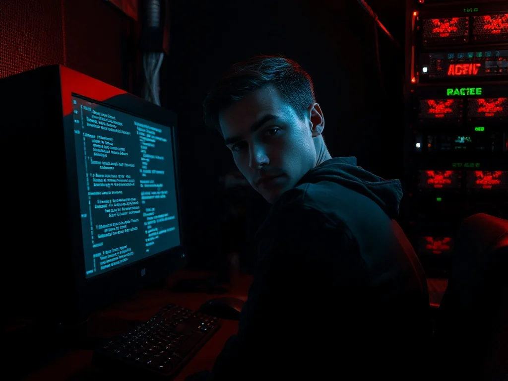Młody mężczyzna w cyberpunkowym pokoju z serwerami, skupiony na pracy przy komputerze z kodem w stylu retro.