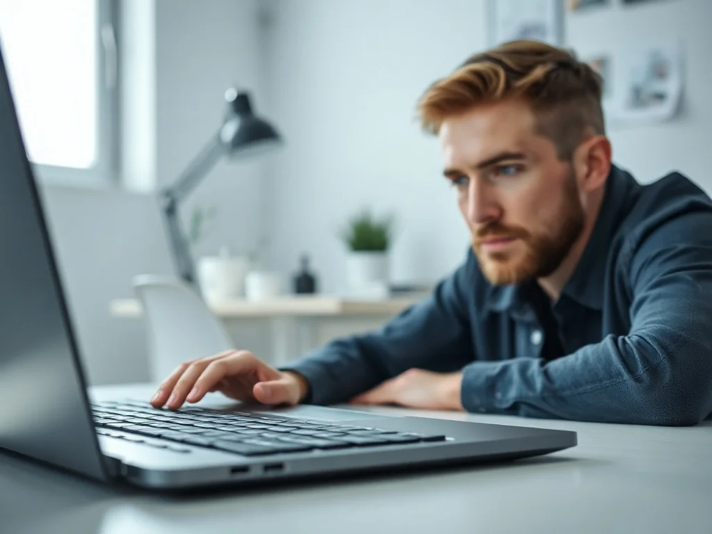 Mężczyzna skupiony na pracy przy laptopie z widoczną klawiaturą mechaniczną w nowoczesnym biurze.