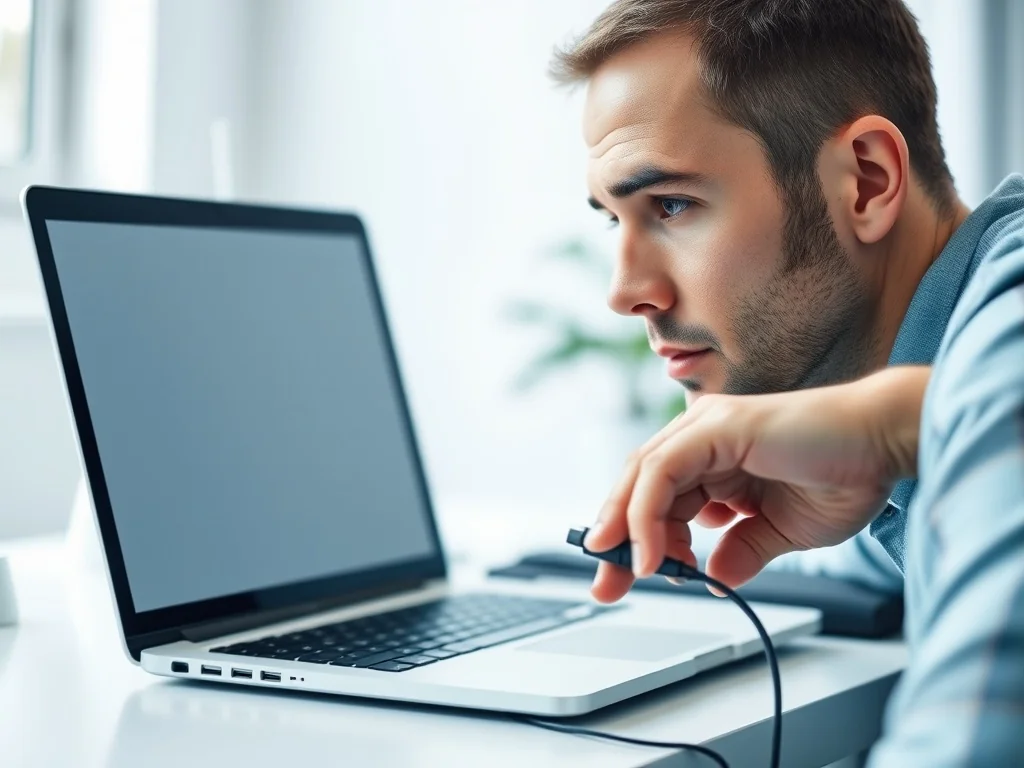 Mężczyzna podłączający kabel USB drukarki do laptopa w nowoczesnym biurze domowym.