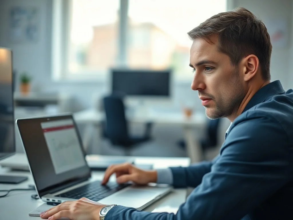 Mężczyzna skupiony na pracy przy laptopie z arkuszem kalkulacyjnym w nowoczesnym biurze.