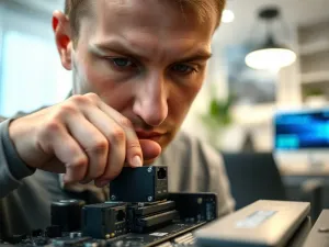 Mężczyzna wkłada pendrive do laptopa, na którego ekranie widać postęp instalacji systemu Windows.