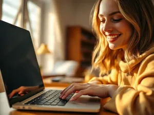 Kobieta przy biurku zmienia ustawienia układu strony w dokumencie tekstowym na laptopie.