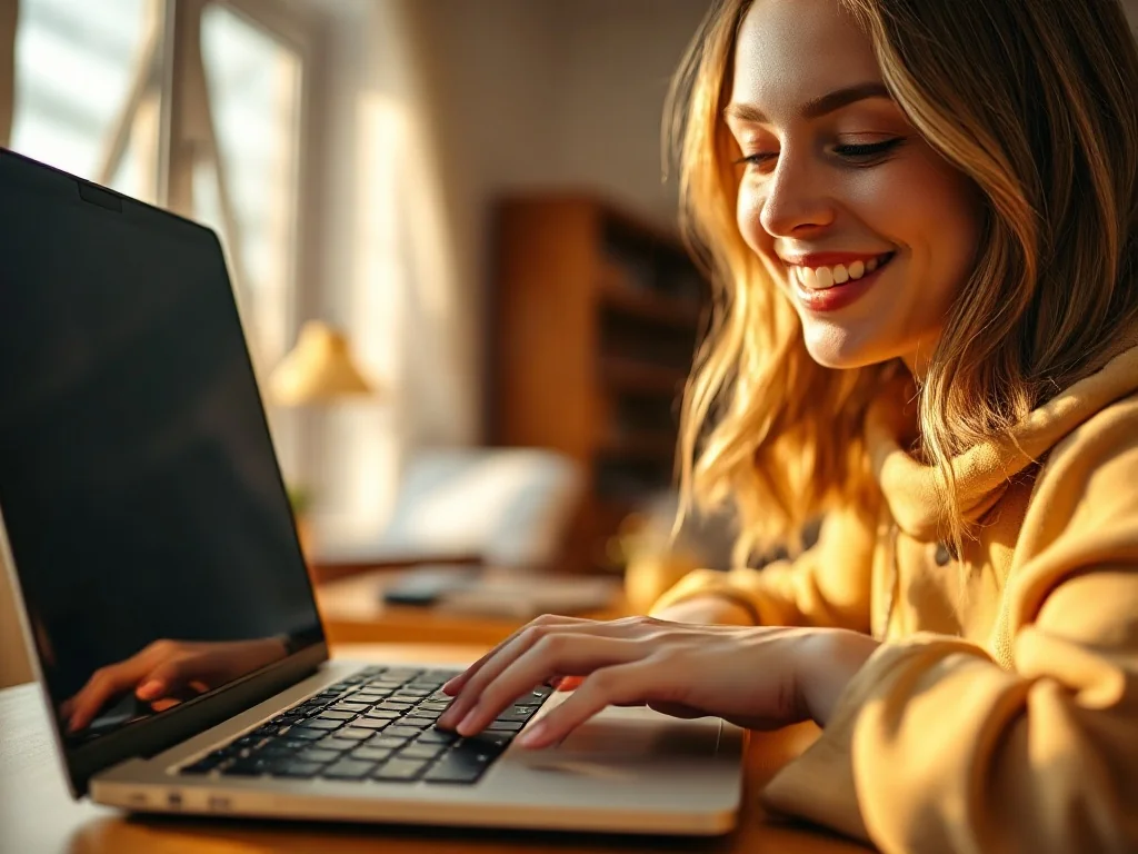 Kobieta uśmiecha się podczas pracy na laptopie w przytulnym domowym biurze, co ilustruje komfortową komunikację mailową.