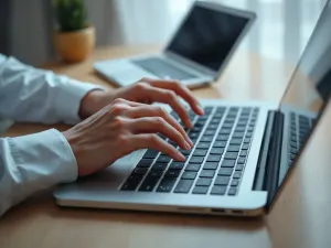 Mężczyzna piszący na laptopie w nowoczesnym biurze, ilustrujący proces pracy z dokumentami w programie Word.